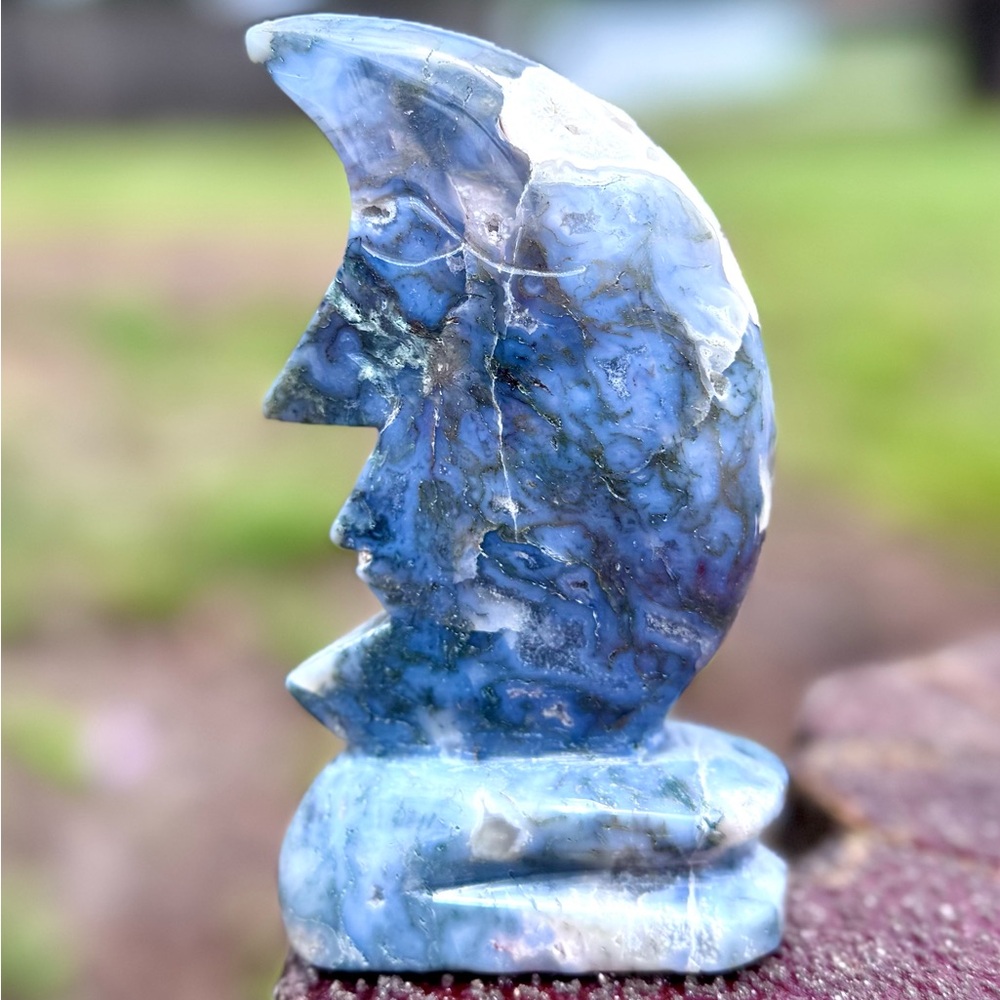 Blue Green Moss Agate Crystal Moon Face Sculpture Carving Celestial